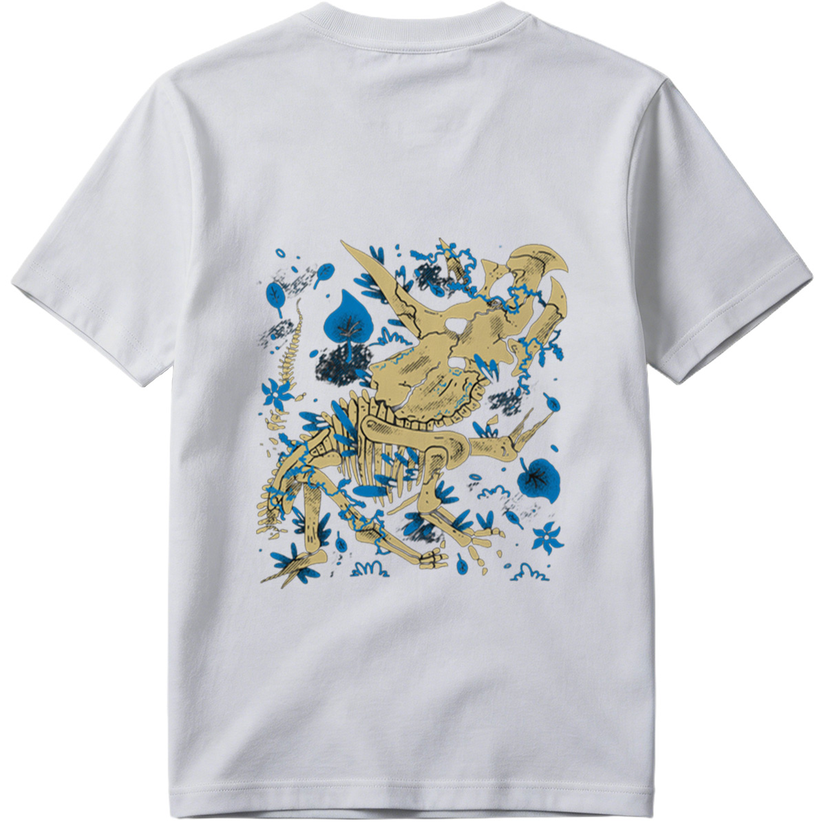 Triceratops Skeleton with Blue Leaves - Tee
