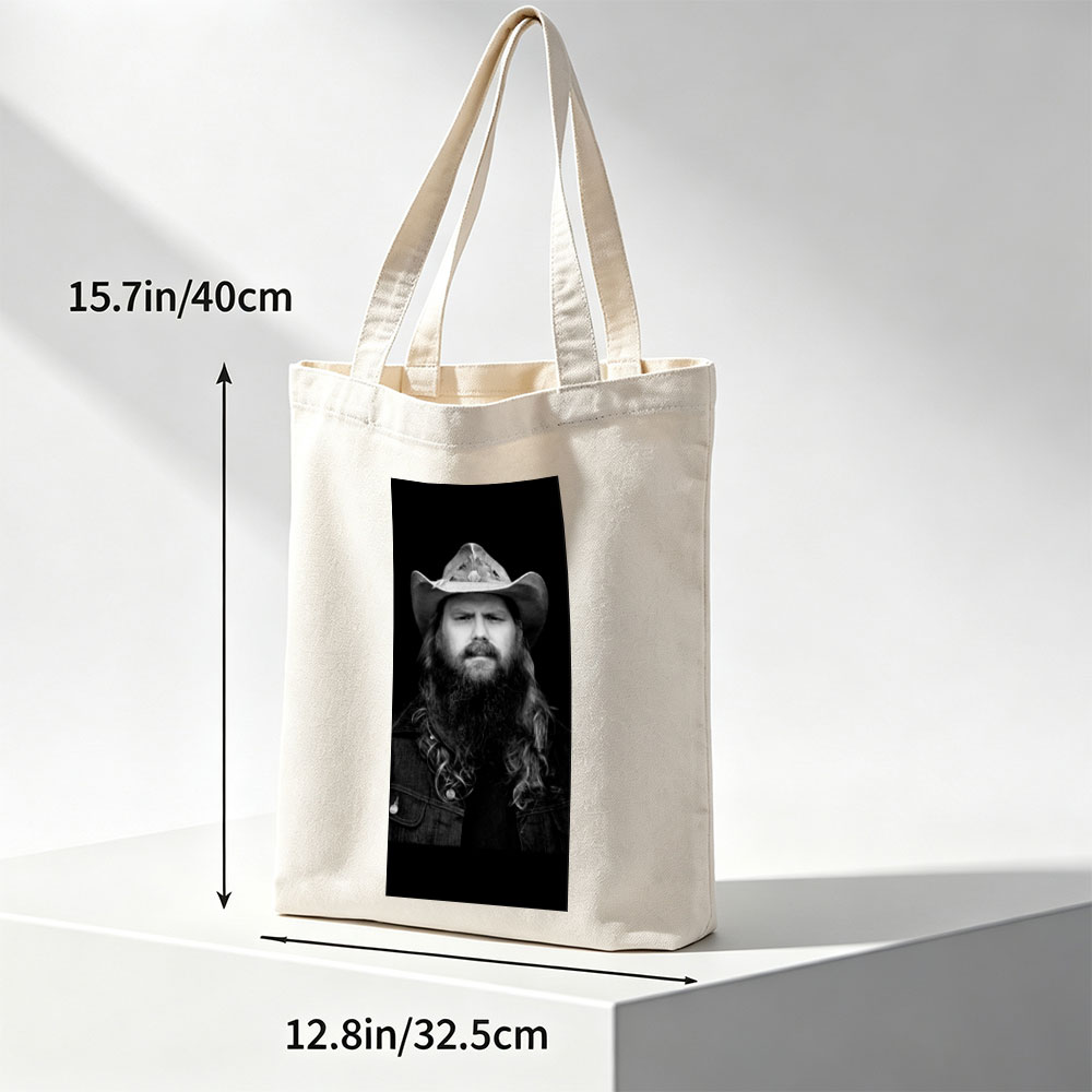 Chris Stapleton in a Cowboy Hat and Denim Jacket - Black and White Portrait - Canvas tote bags
