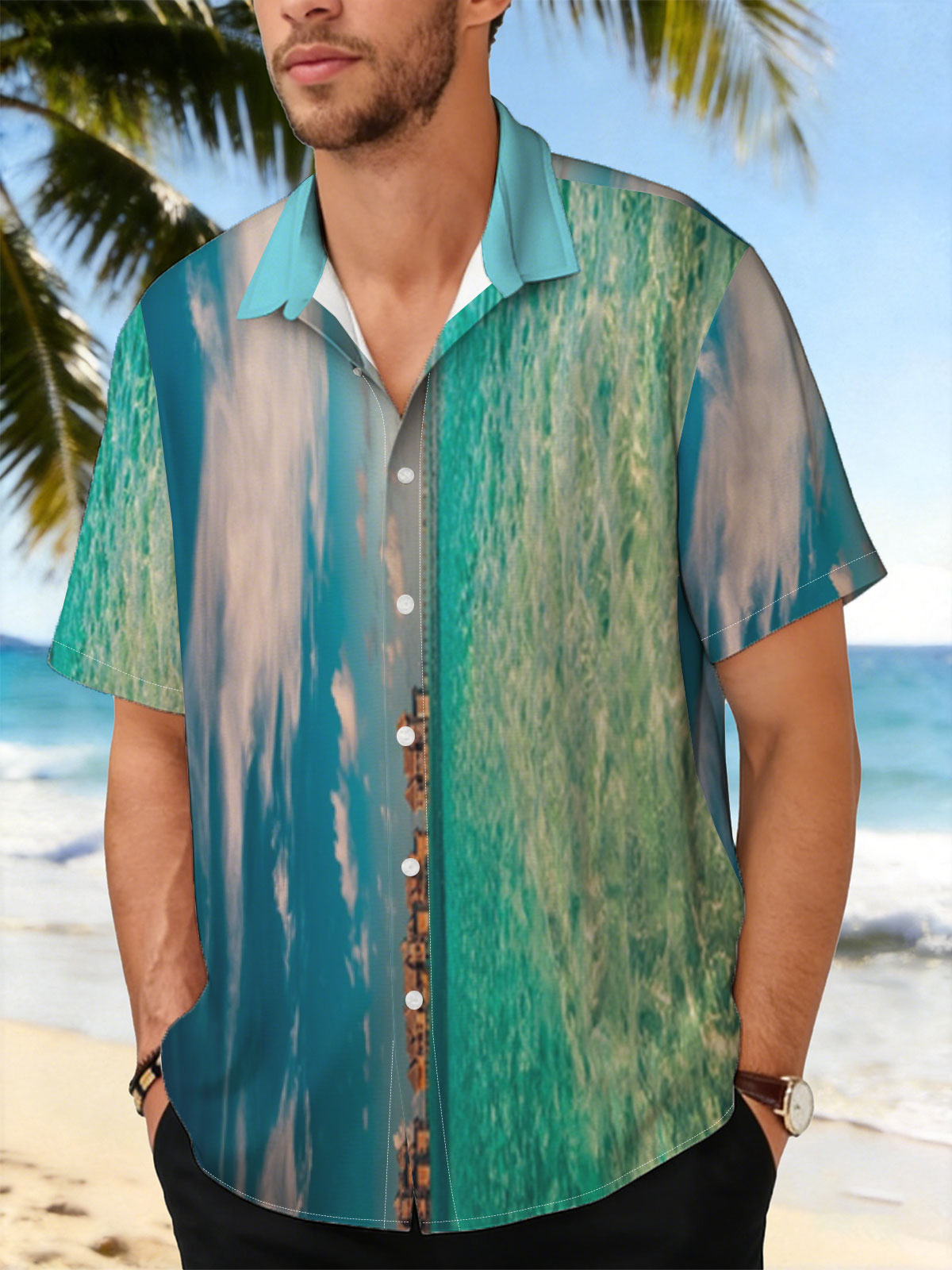 Overwater bungalows stretch into turquoise waters under a vibrant sky. -  Shirt