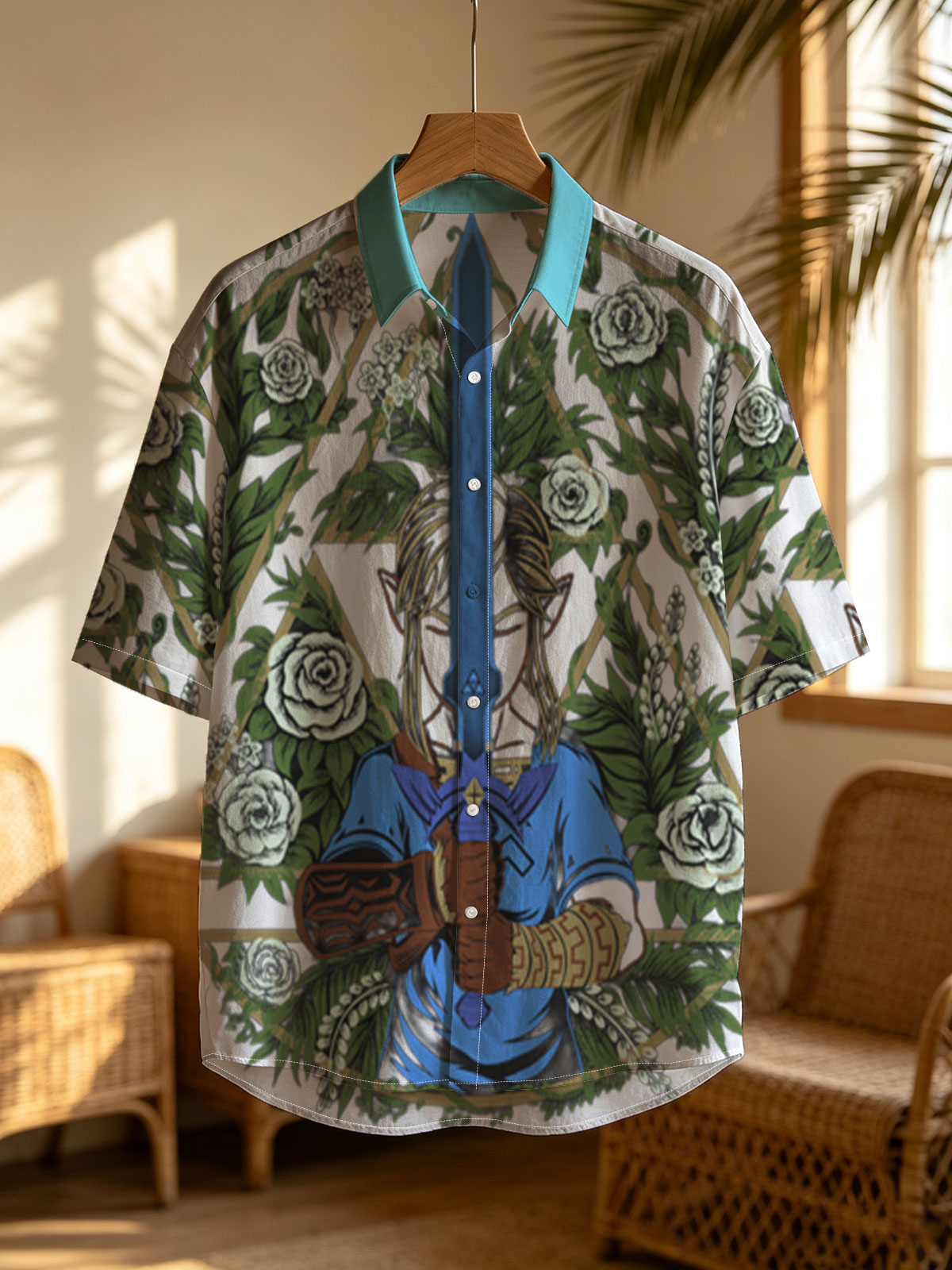 Link from The Legend of Zelda holding Master Sword, surrounded by floral wreath and geometric design -  Shirt