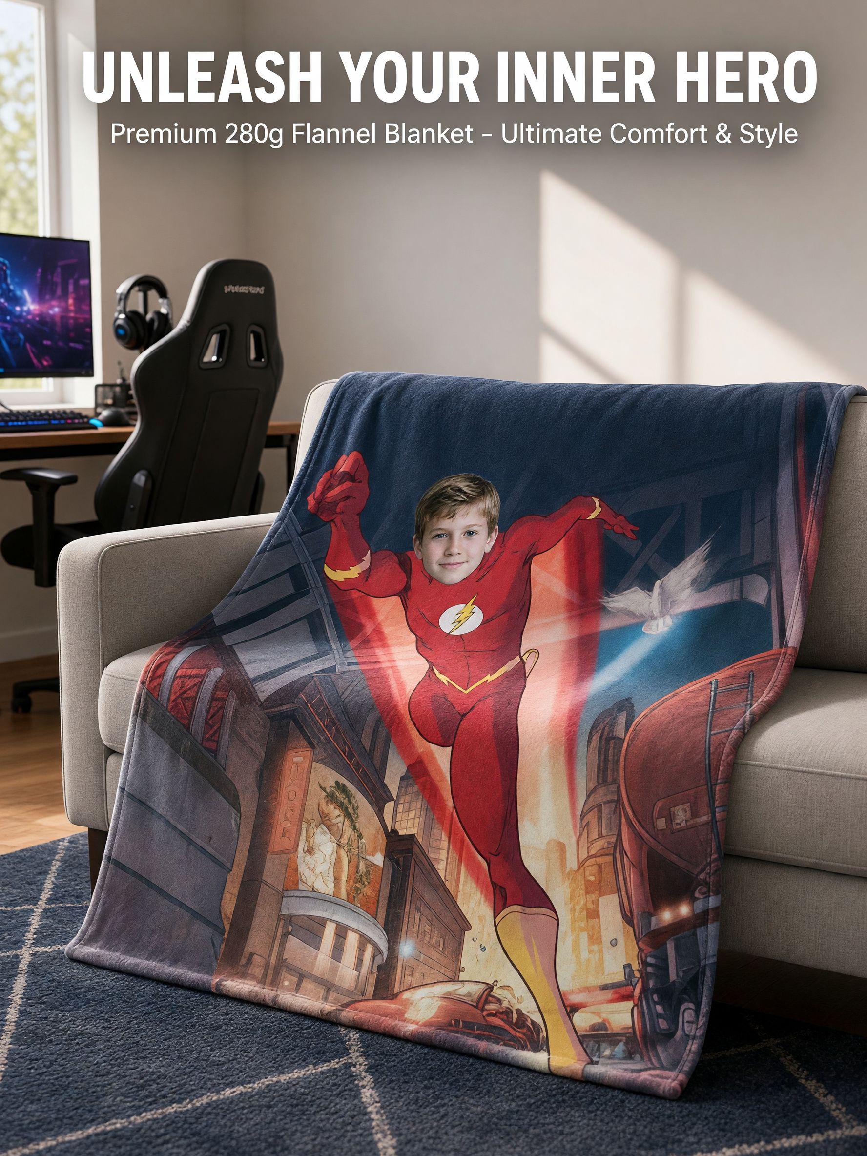 Personalized Superhero Face Photo Blanket, Custom Ultra Soft Flannel Throw, Ideal Cozy Gift for Kids and Comic Lovers