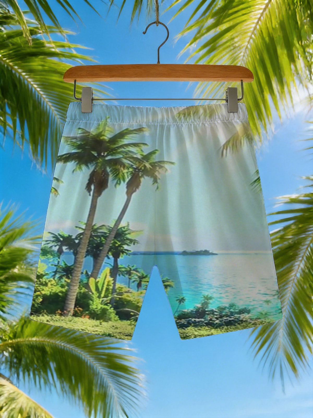 Tropical Paradise with Palm Trees and Crystal Clear Waters -  Beach shorts
