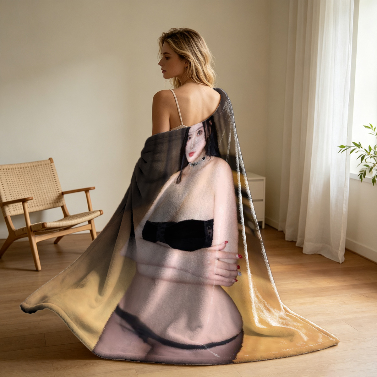 Maid with Exposed Breasts and Stockings Holding Pose - Blanket