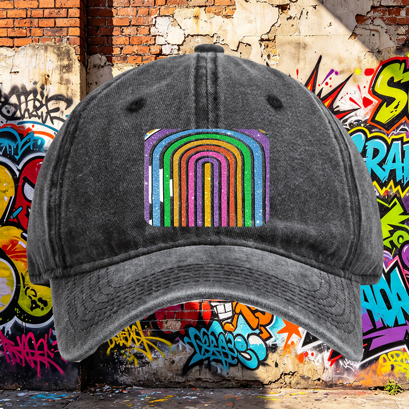 Unisex Classic Washed Baseball Cap with Glitter Rainbow Arc Print - Stylish Sun Protection Hat for Outdoor Activities, Perfect for Fashion-Lovers and Casual Wearers