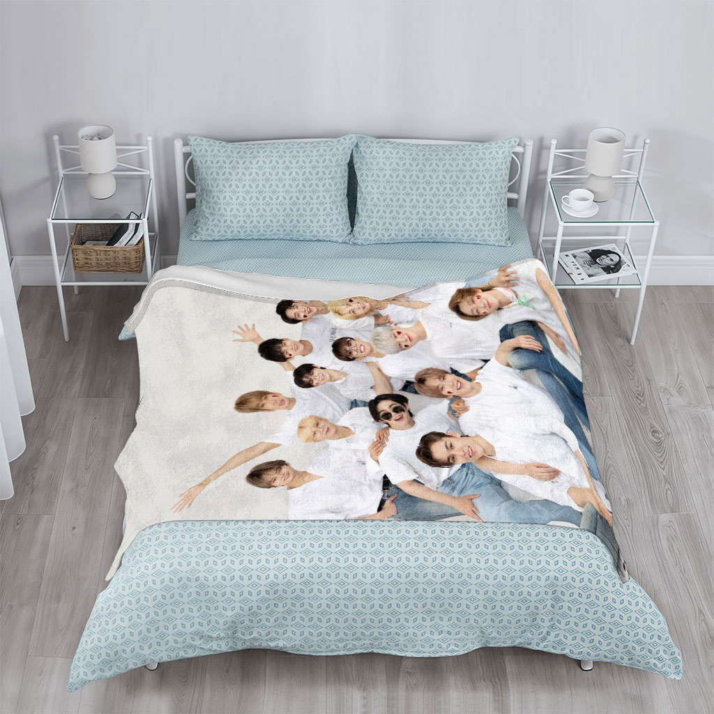 SEVENTEEN Group Photo in White Outfits with Playful Poses and Red Heart Details - Blankets