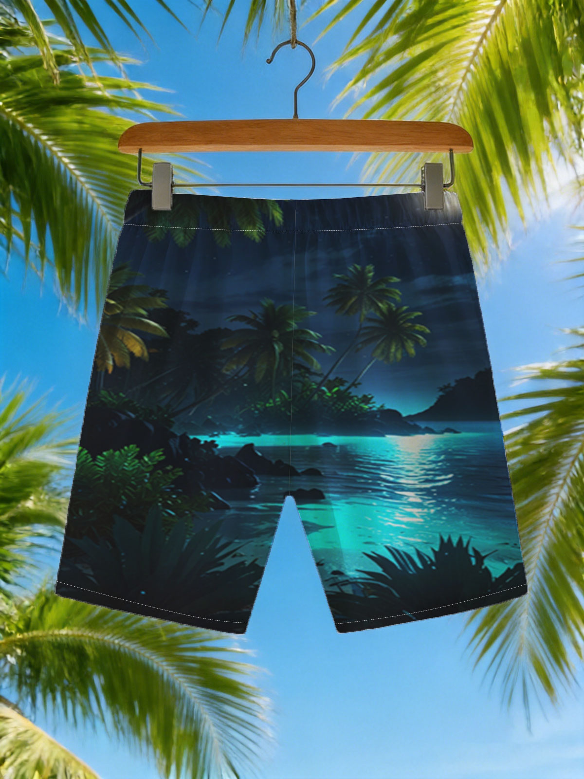 Moonlit Tropical Beach with Palm Trees and Glowing Water -  Beach shorts