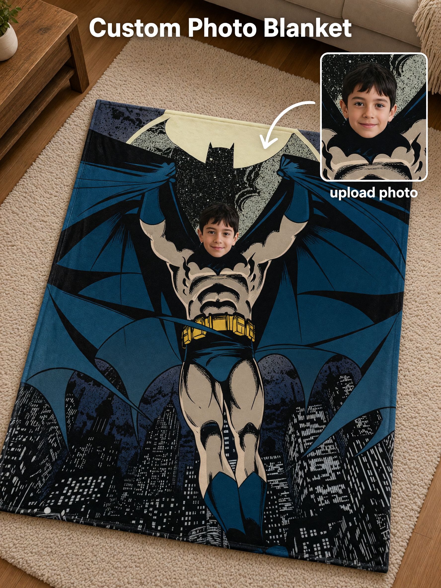 Custom Photo Superhero Flannel Fleece Throw Blanket Personalized Face Portrait Bed Couch Wrap Cozy Gift