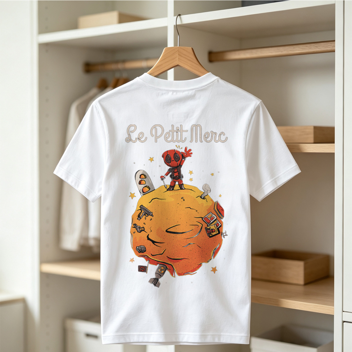 Deadpool on a Planet with Weapons and Space Items - Tee