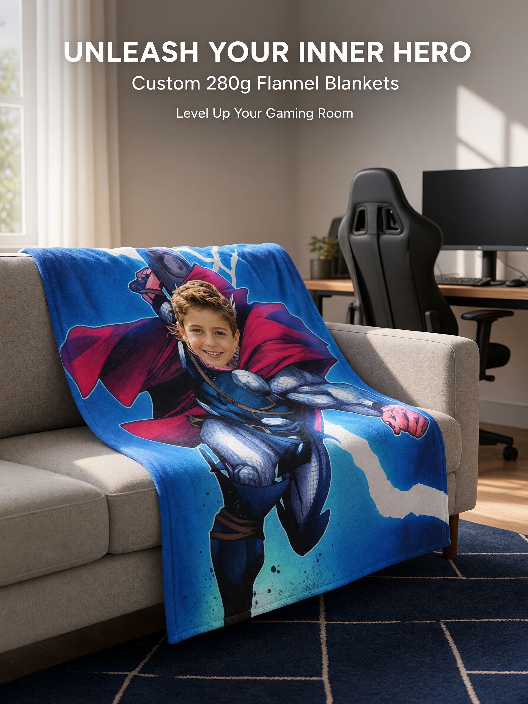 Custom Face Superhero Fleece Blanket Personalized Photo Lightning Throw Ideal Warm Gift for Kids and Bed Couch