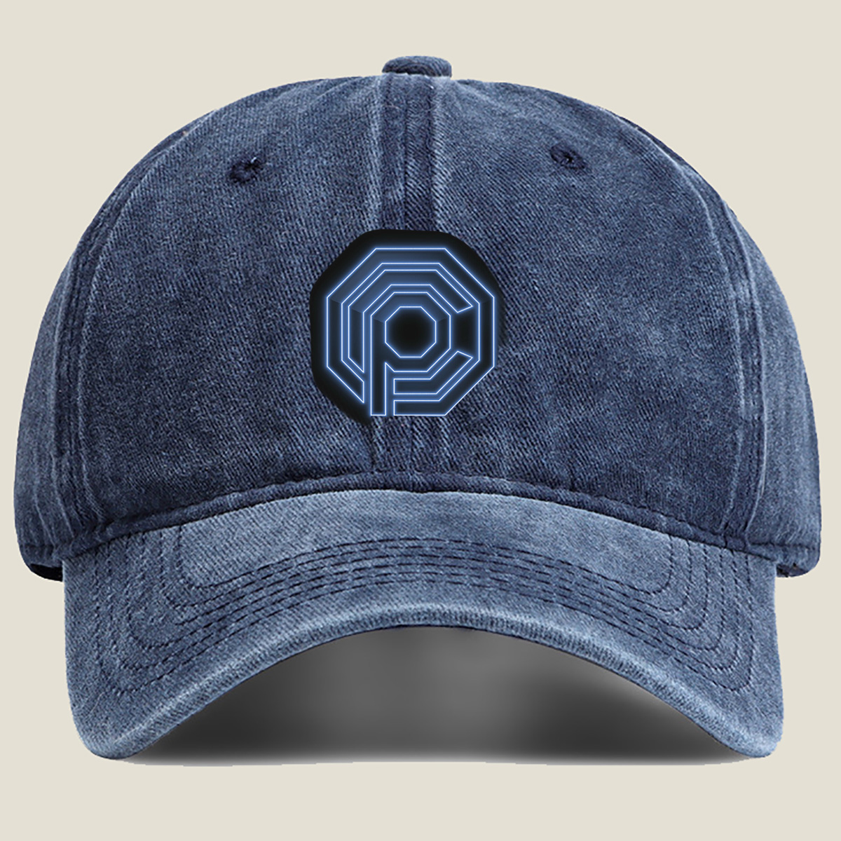 Neon Blue Octagonal Logo with Letter P - Washed Denim - Baseball Cap