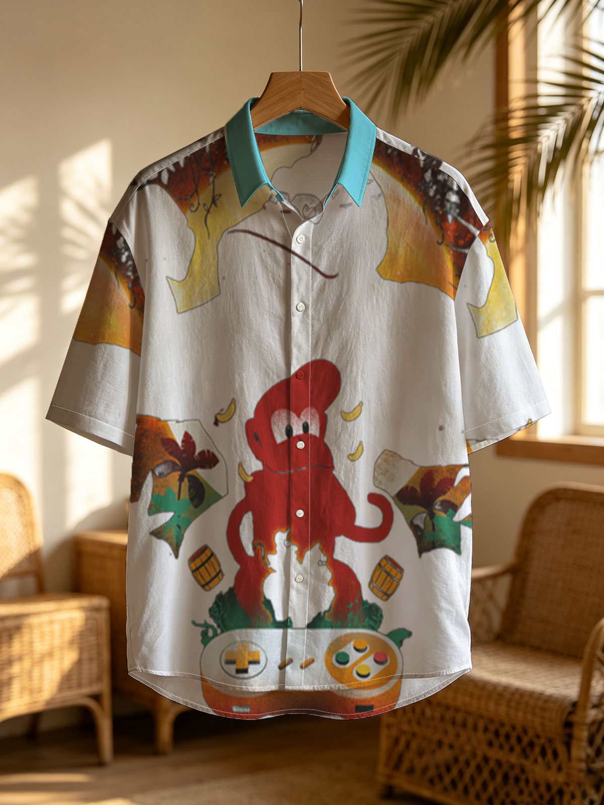 Diddy Kong and Donkey Kong in a jungle scene with a Nintendo 64 controller, featuring bananas and barrels. -  Shirt