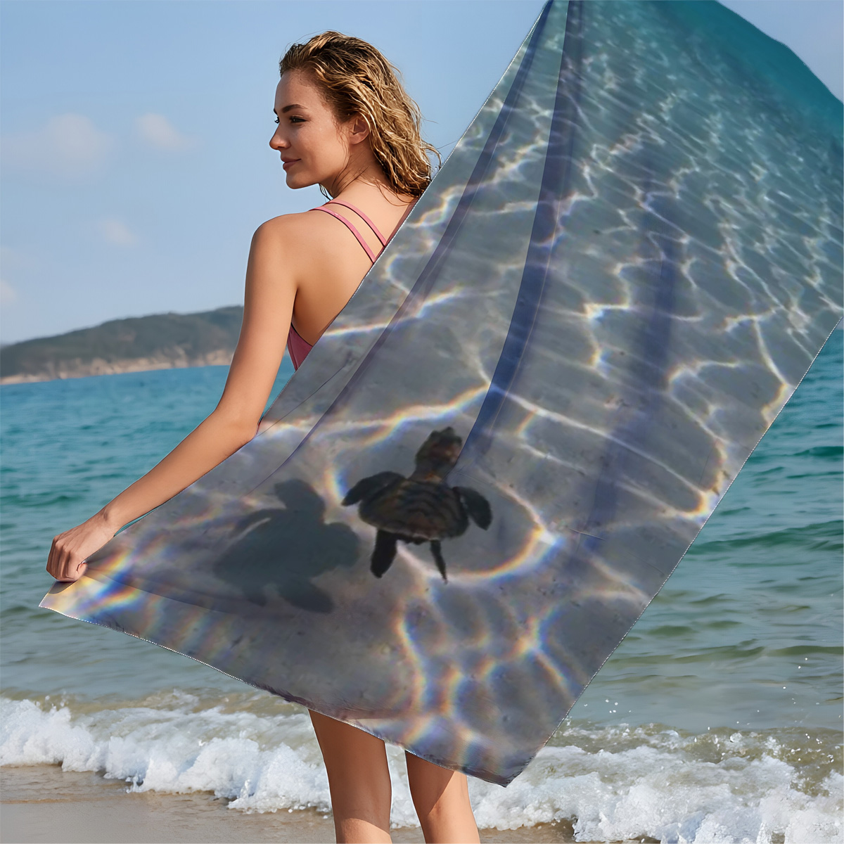 Sea turtle swimming over sandy ocean floor with sunlit ripples - Beach towels