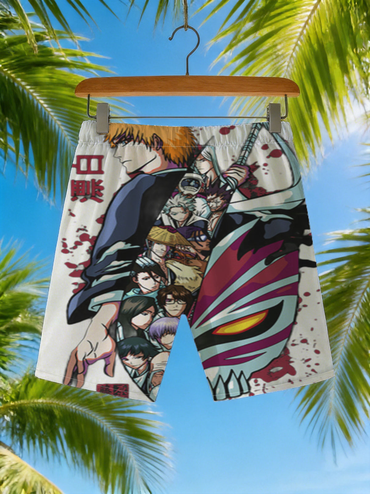 Bleach Characters: Ichigo Kurosaki, Rukia Kuchiki, Renji Abarai, and Others in Action Pose with Zanpakuto and Hollow Mask -  Beach shorts