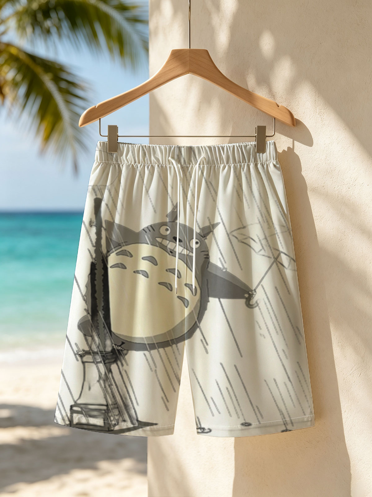 Totoro in the Rain with Umbrella and Streetlamp -  Beach shorts