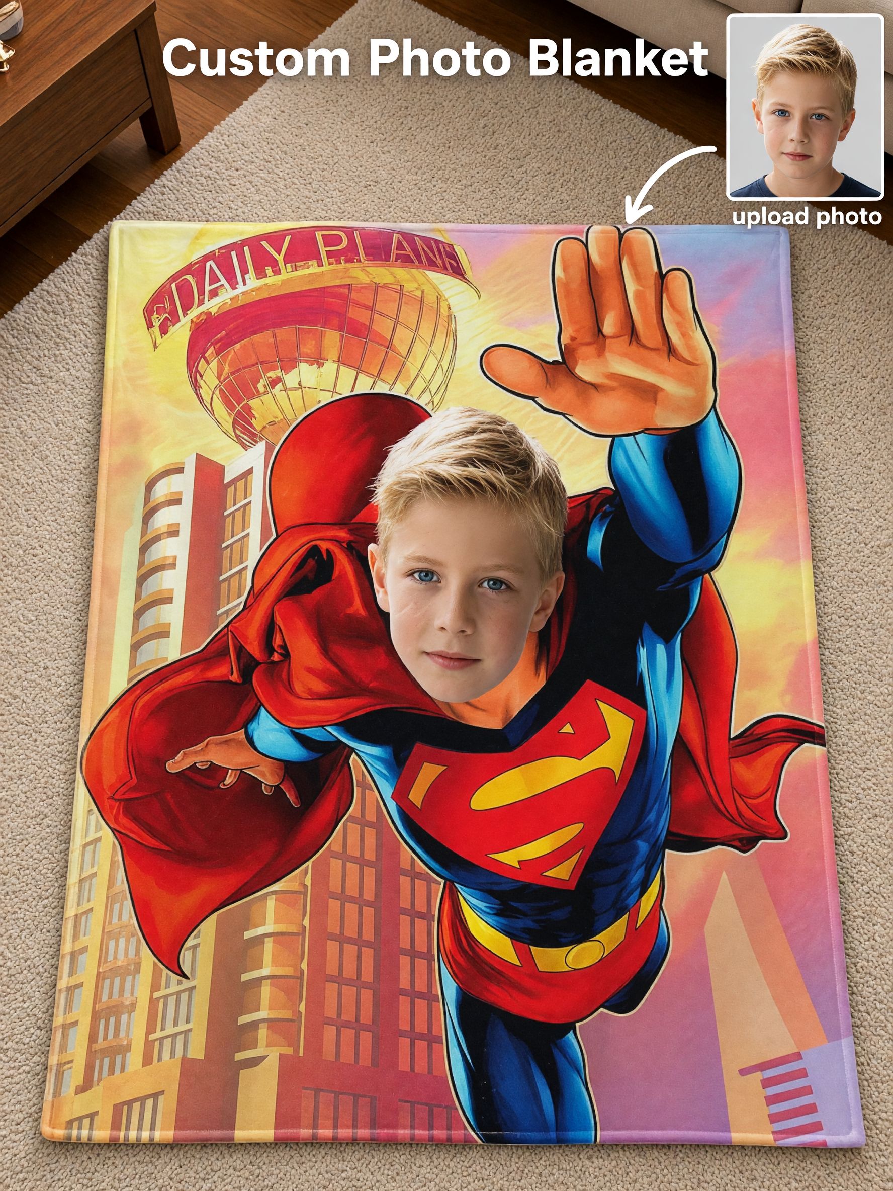 Custom Face Photo Superhero Flannel Fleece Blanket, Ultra Soft Personalized Bed Sofa Throw for Kids and Adults Gift