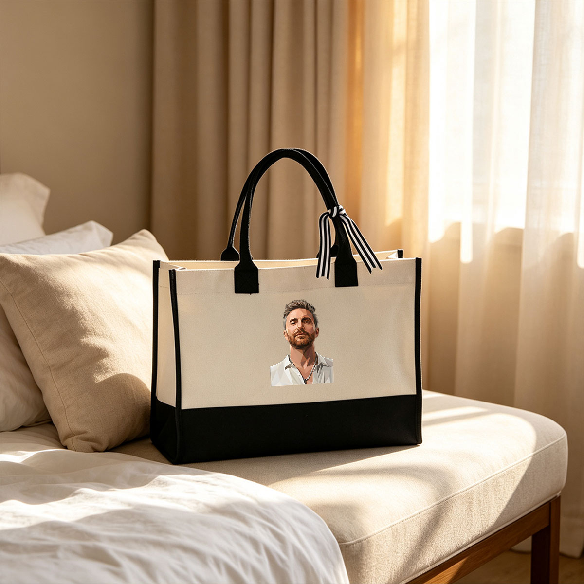 Geometric Portrait of a Man in White Shirt and Chain Necklace - Canvas patchwork gift tote bag