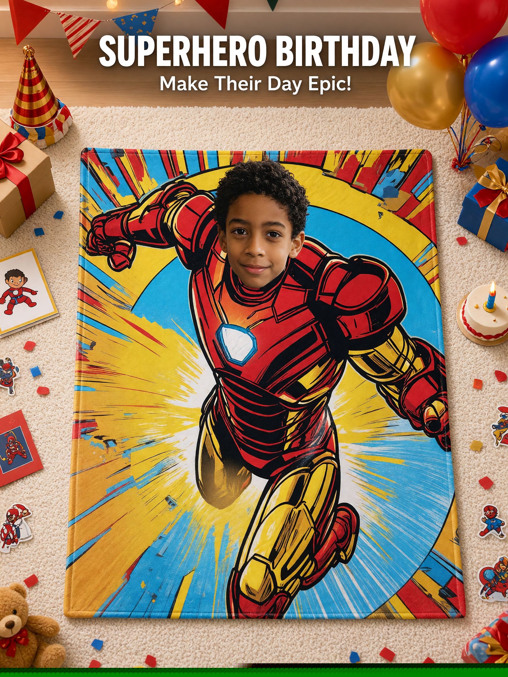 Custom Photo Face Superhero Flannel Blanket, Personalized Comic Armor Soft Warm Throw Blanket, Unique Birthday Gift