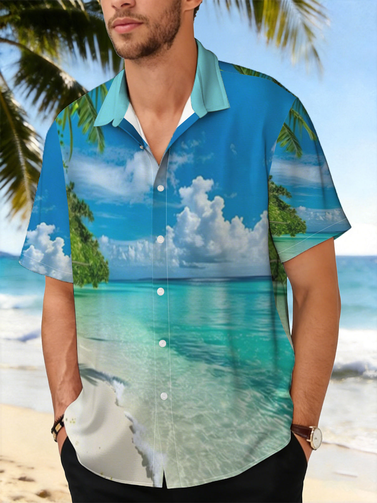 Tropical Beach with Crystal Clear Waters and Palm Trees -  Shirt