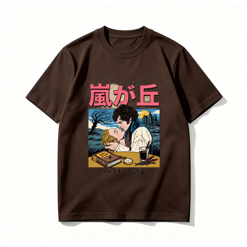 Wuthering Heights: Heathcliff and Catherine in Romantic Embrace, Emily Bront? Novel, Gothic Castle Background, Vintage Book and Watch on Table - Tee