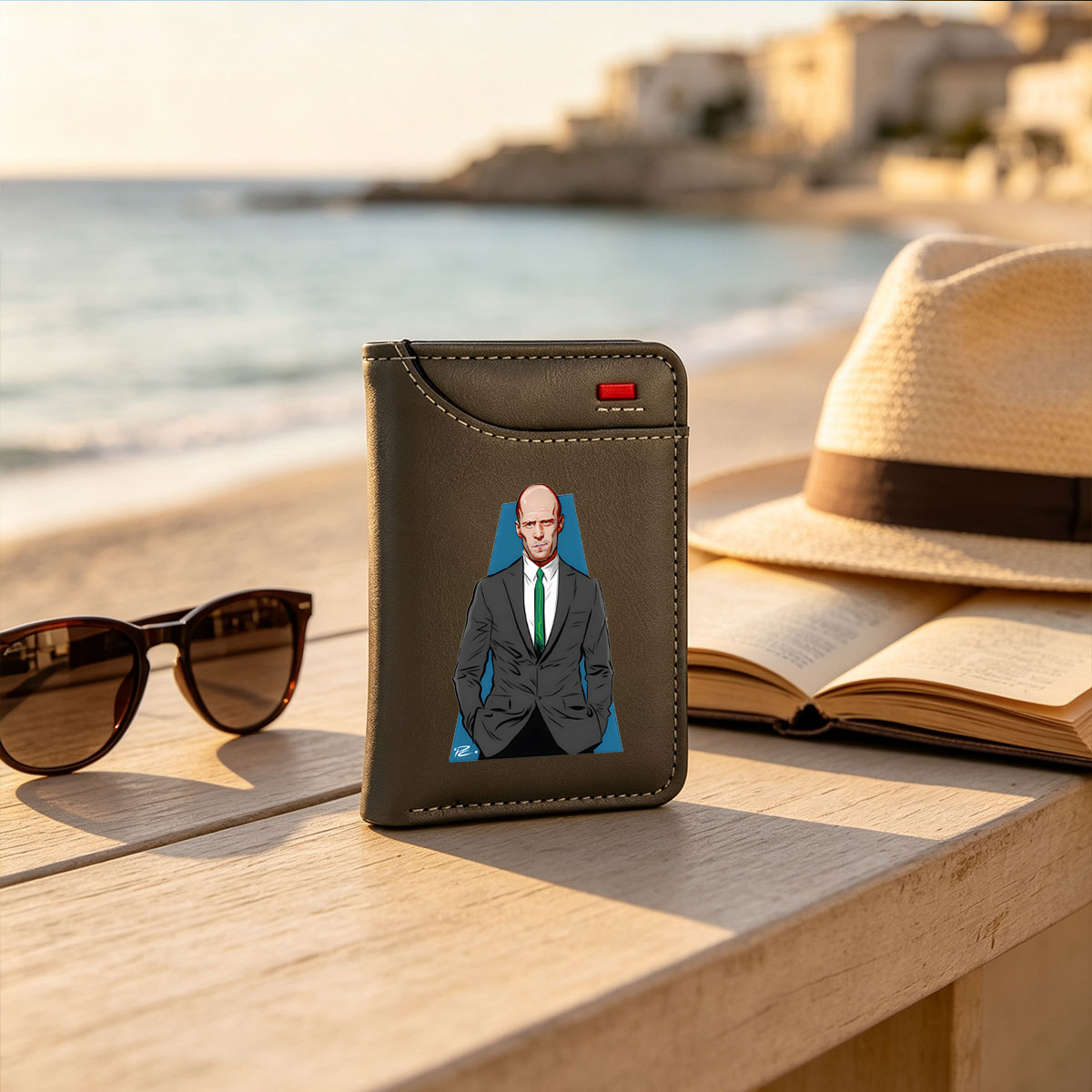 Lex Luthor in a sharp suit and green tie, standing confidently against a blue backdrop. - Vertical Style Wallet