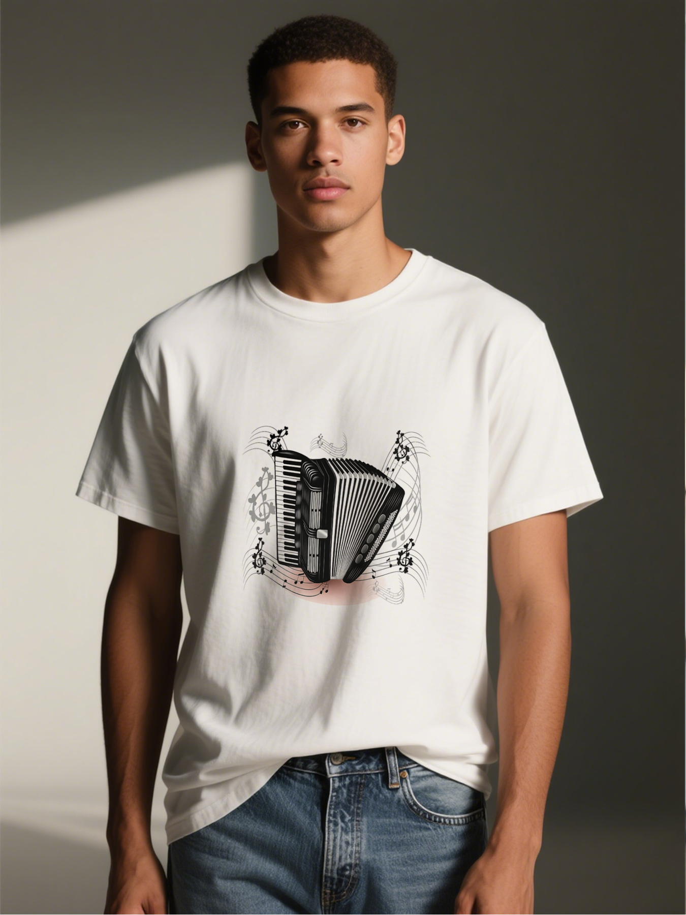 Men's Printed T-Shirt Accordion Music Notes Design Casual Round Neck Summer Lightweight Breathable Short Sleeve Tee for Music Lovers and Musicians