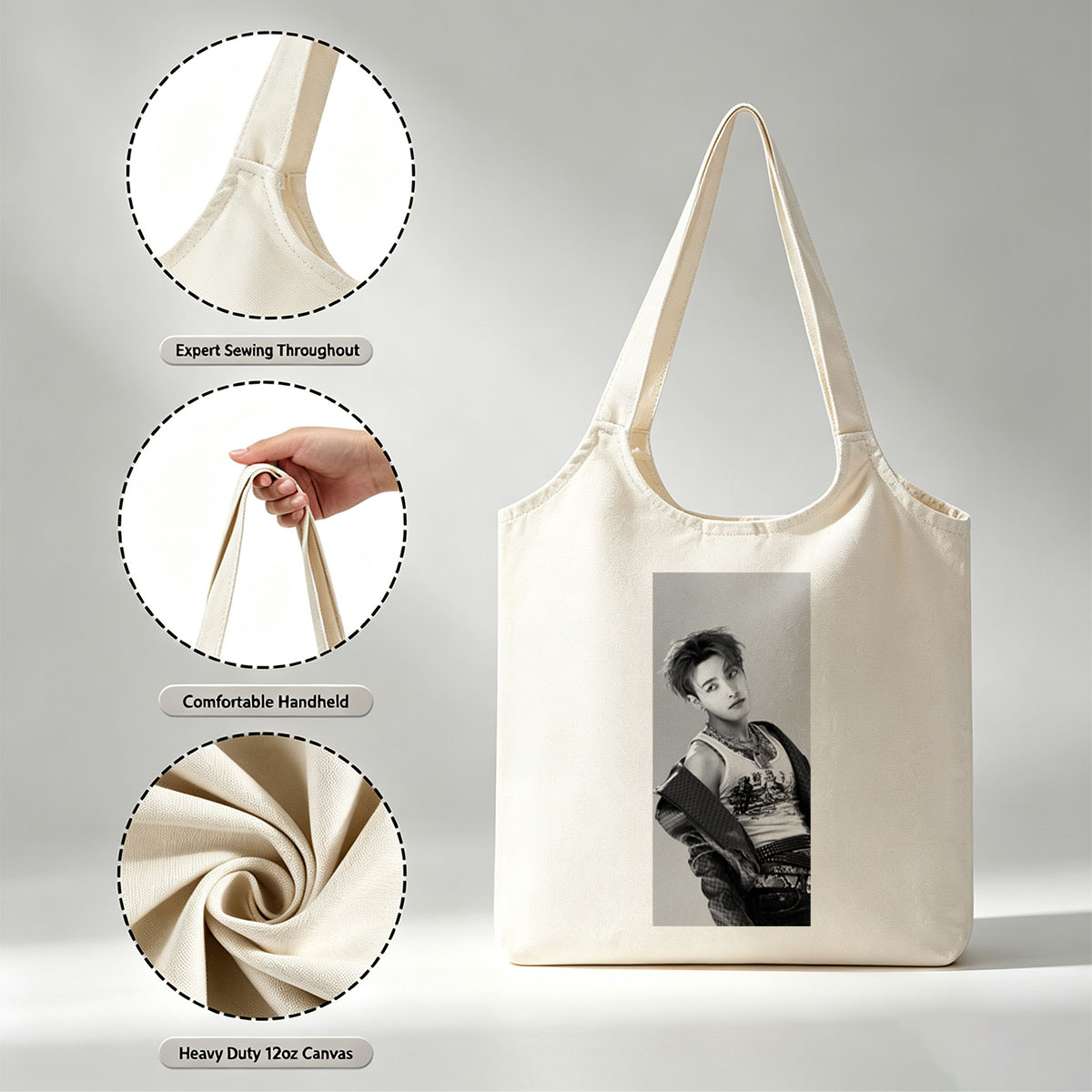 Dino from SEVENTEEN in a stylish black and white portrait wearing a graphic tank top and layered accessories. - Canvas shoulder bags/