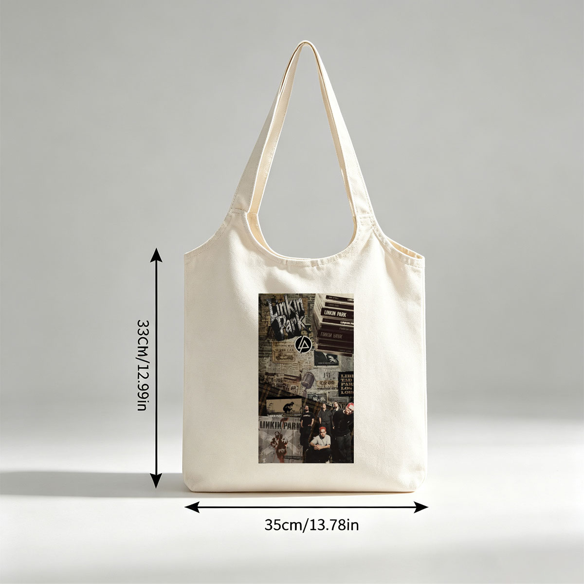 Linkin Park Band Collage Featuring Album Art, Members, and Vintage Newspaper Background - Canvas shoulder bags/