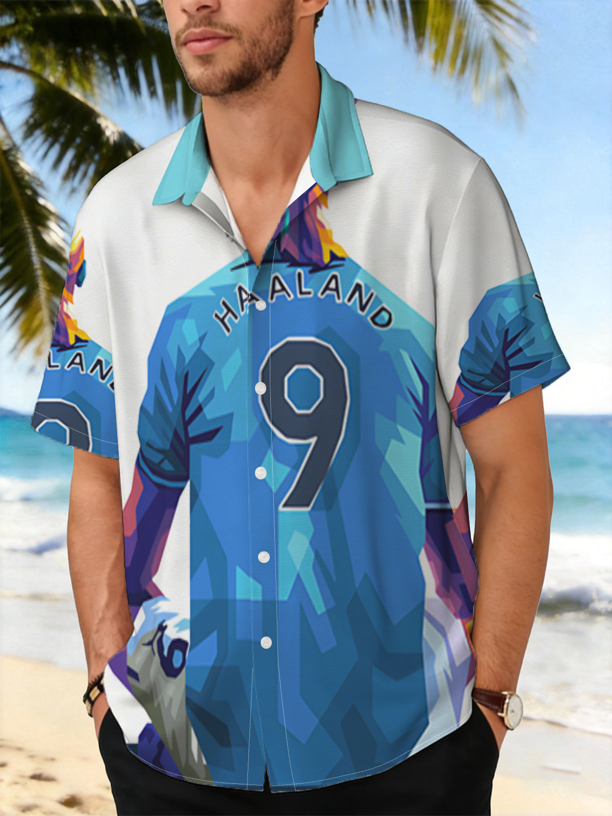 Haaland in Blue Jersey, Number 9, Sitting Back View -  Shirt