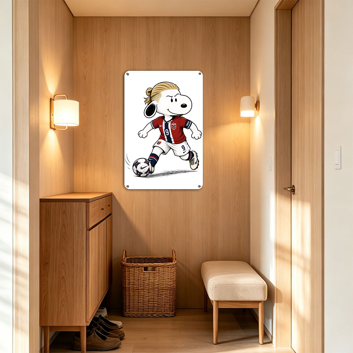Snoopy as Norway Soccer Player, Wearing #9 Jersey, Kicking Ball - painting