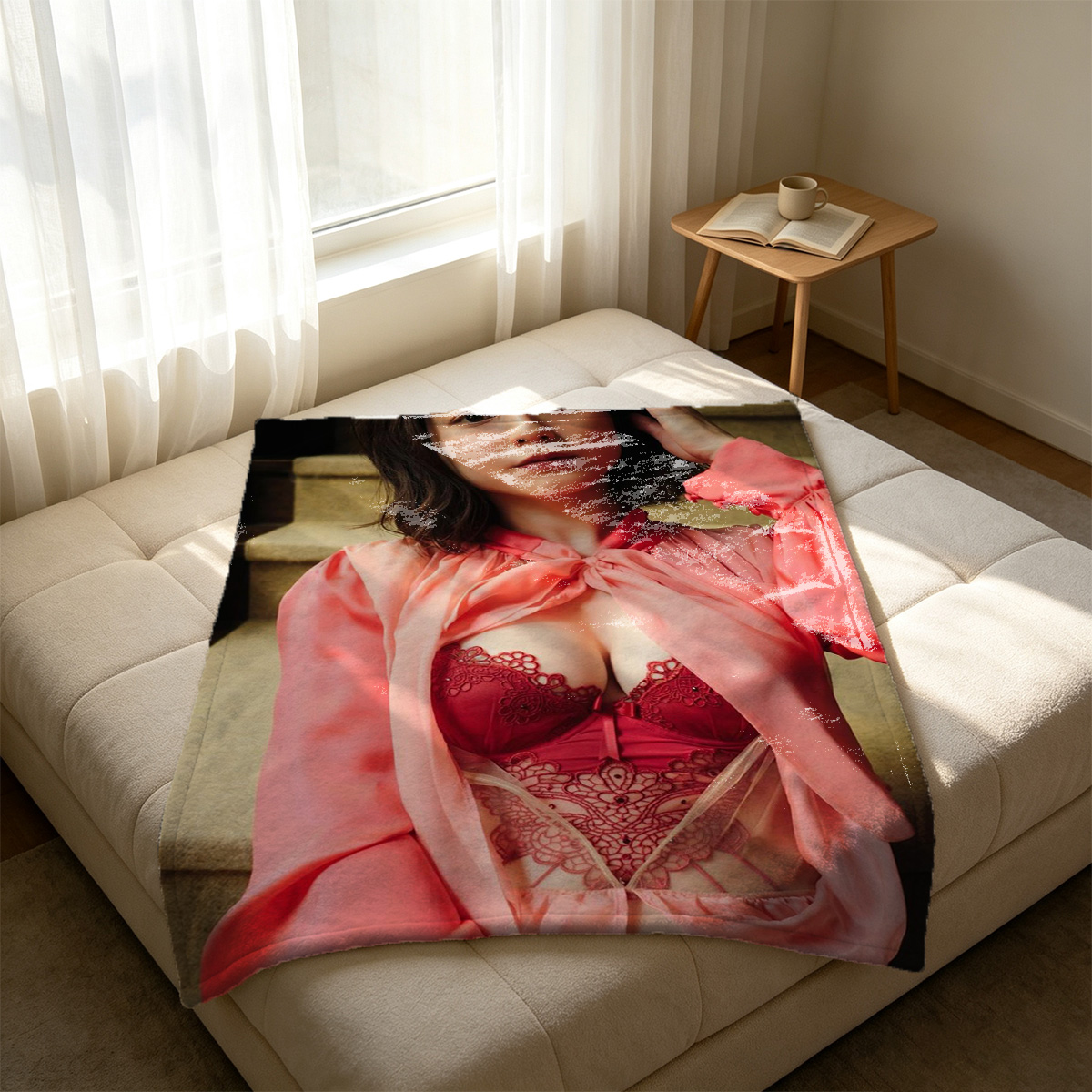 Neko Girl in Black Bikini Posing on Vintage TV in Cluttered Room - Blanket