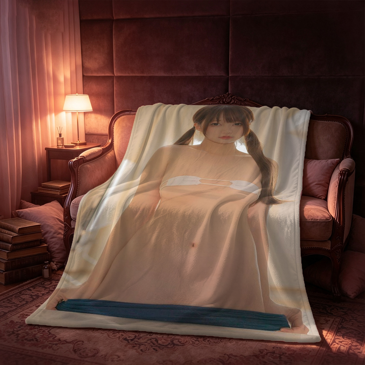 Two women in lingerie embracing in a yellow kitchen - Blanket