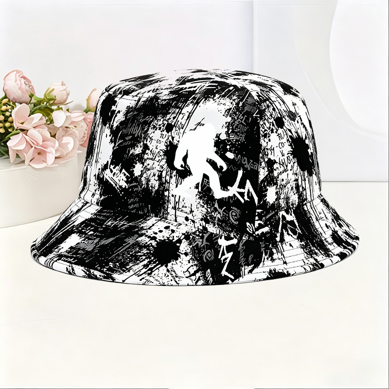 Unisex Classic Graffiti Bucket Hat with Bigfoot Silhouette Print - Casual Outdoor Sun Protection Hat for Hiking, Camping, and Everyday Wear, Perfect for Adventure Lovers and Nature Enthusiasts