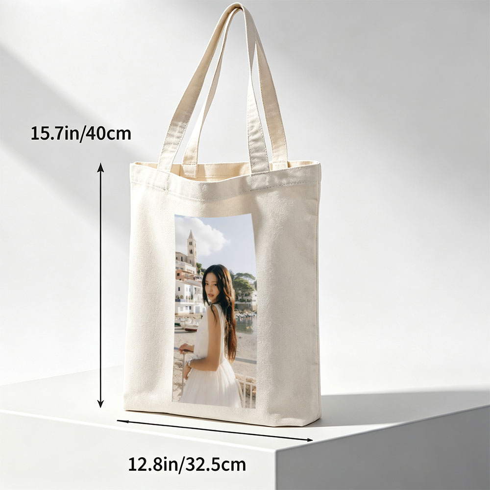 Jennie Kim in a White Dress by the Seaside with a Church Tower in the Background - Canvas tote bags