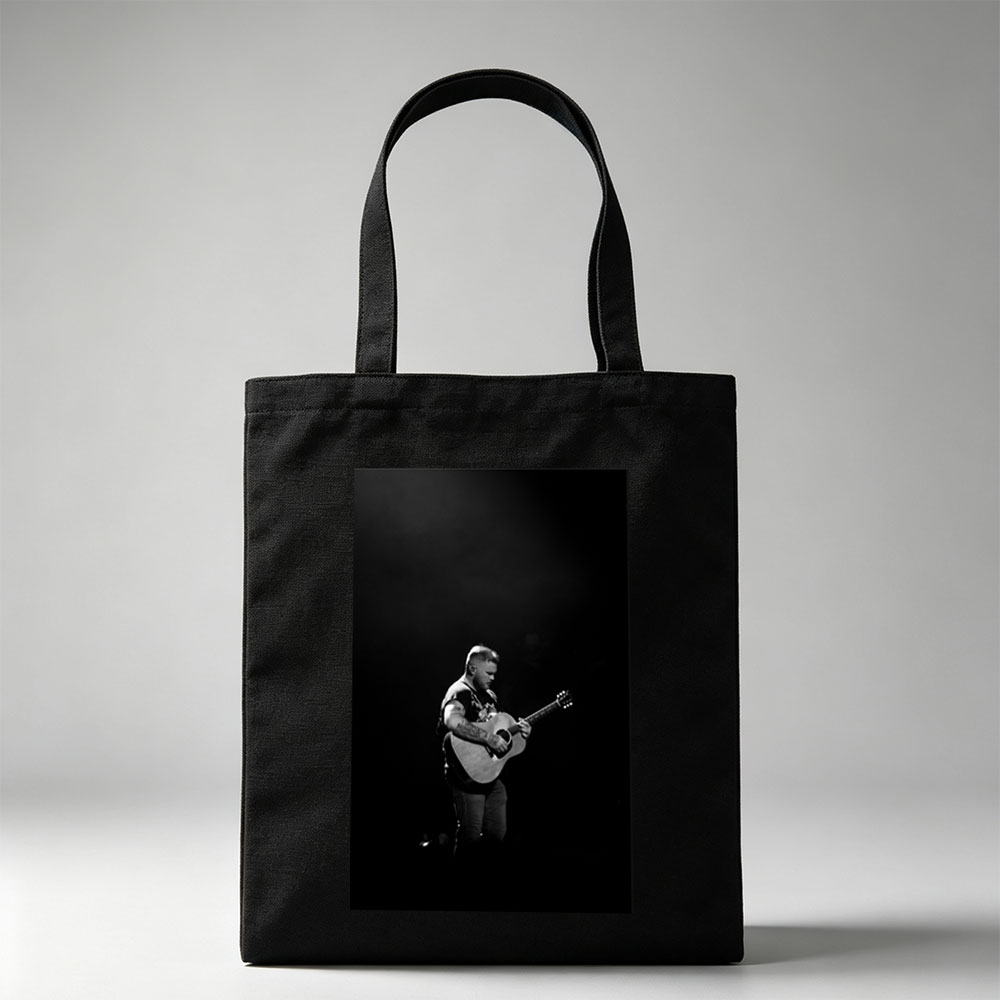 Brantley Gilbert Playing Acoustic Guitar on Stage in Black and White - Canvas tote bags