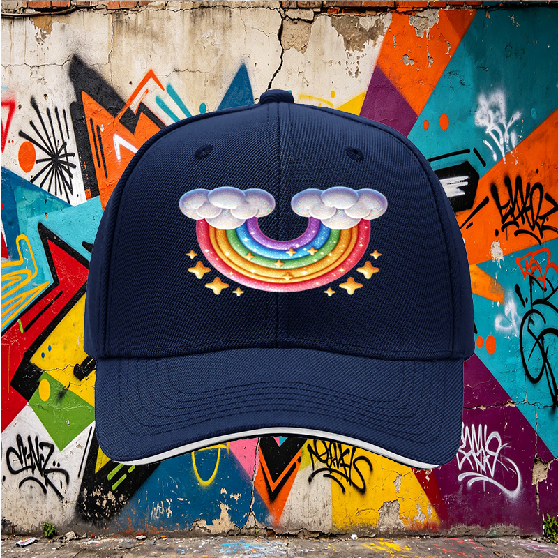 Unisex Classic Sandwich Hat with Rainbow and Cloud Print - Perfect for Outdoor Activities, Festivals, and Casual Wear - Ideal for Adults and Teens Seeking Fun, Colorful Headwear