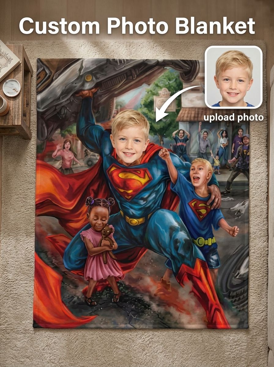 Custom Superhero Photo Flannel Blanket Personalized Face Upload Ultra Soft Anti Pilling Throw for Kids Adults Gift