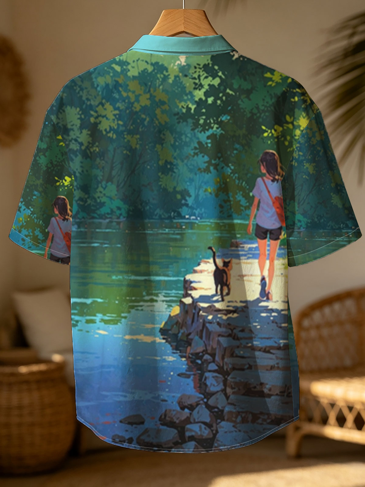 Girl and cat walking by a serene lakeside path -  Shirt