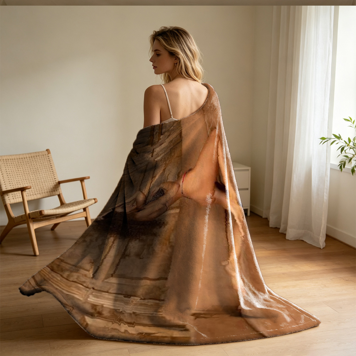 Blonde in orange fishnet top sitting on pool table. - Blanket