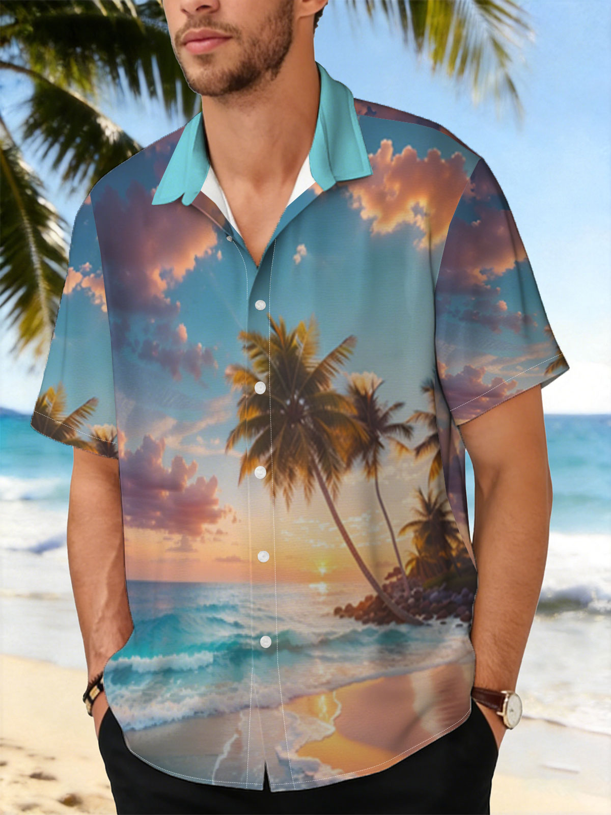 Tropical sunset with palm trees and waves on a sandy beach -  Shirt