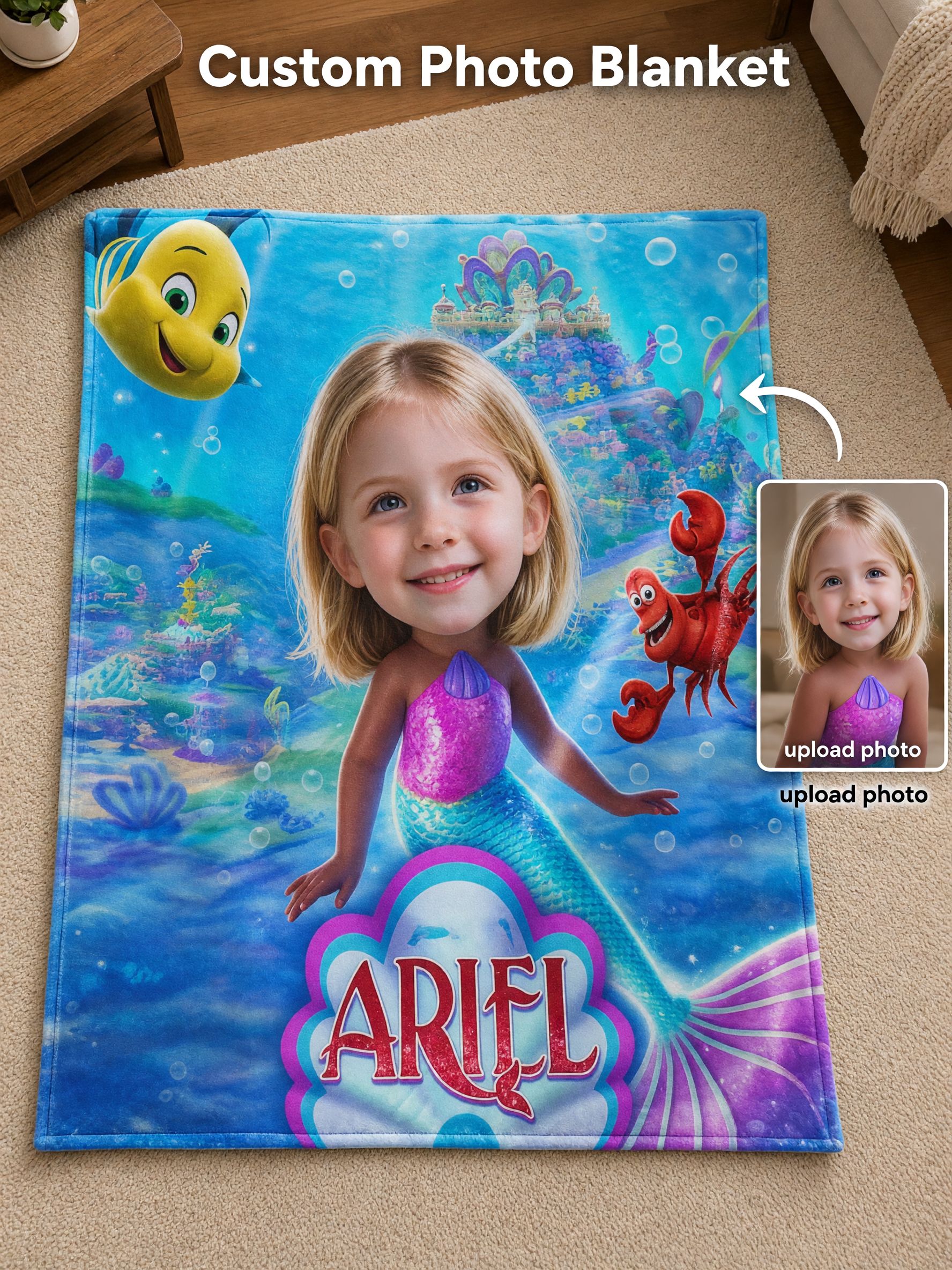 Custom Photo Face Blanket Personalized Mermaid Undersea Flannel Fleece Throw, Ultra Soft Cozy Gift for Kids and Girls