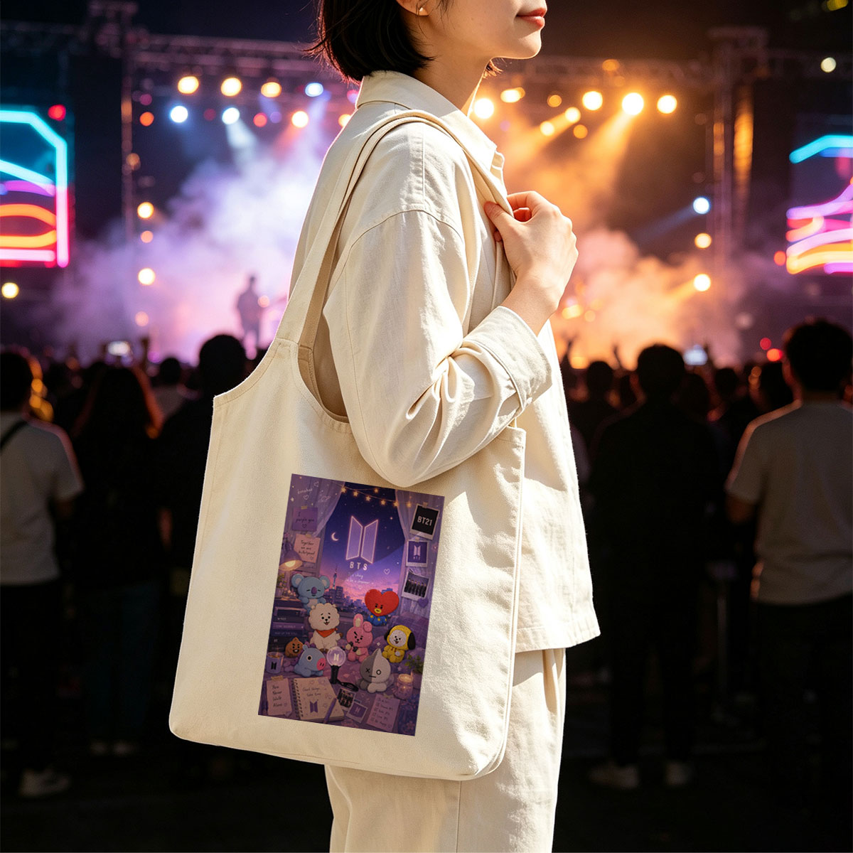 BTS BT21 Characters in a Cozy Room with City View and Dreamy Night Sky Decor - Canvas shoulder bags/