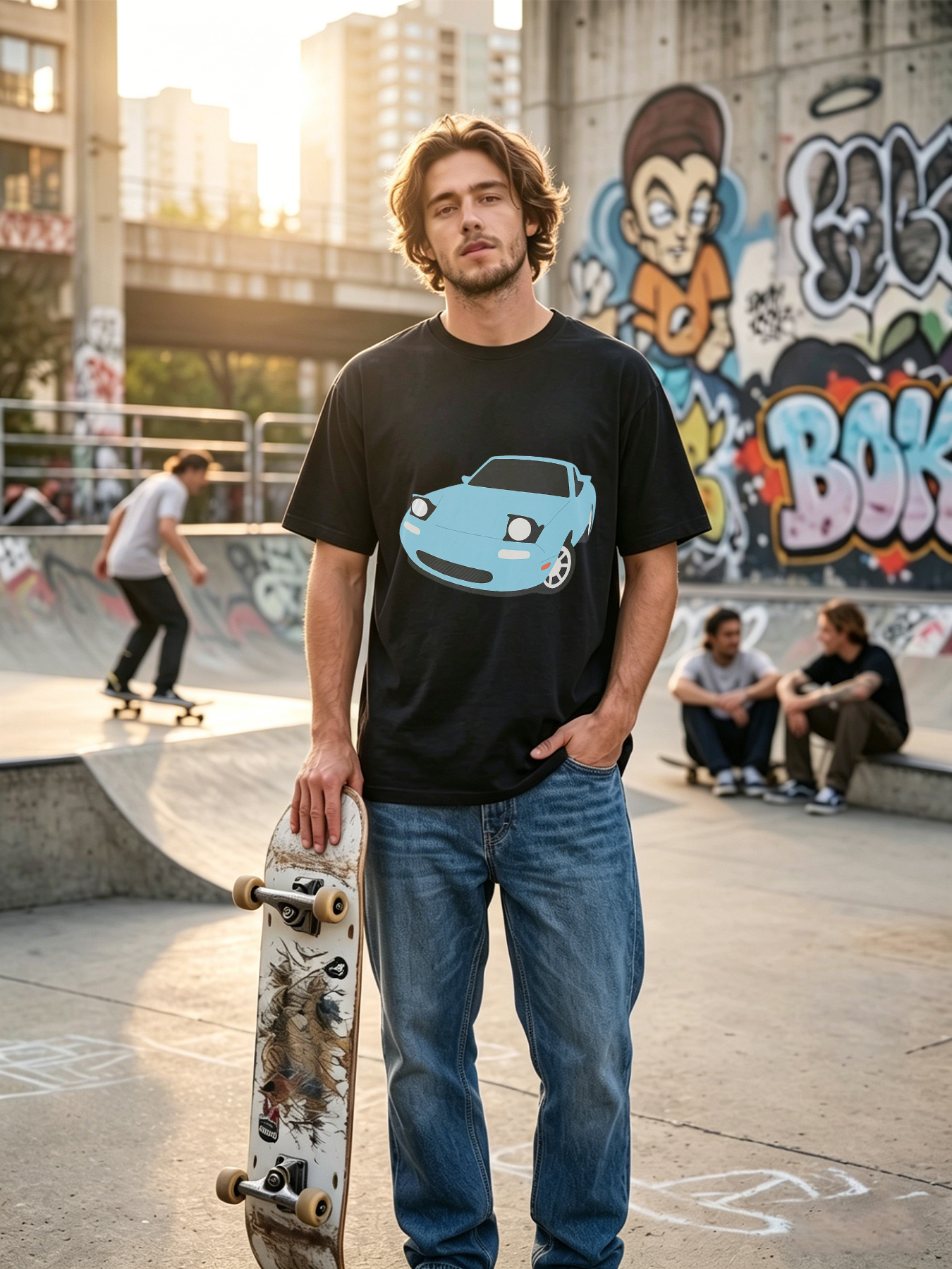 Men's Printed T-Shirt with Blue Sports Car Graphic Design Casual Round Neck Lightweight Breathable Summer Short Sleeve T-Shirt for Car Enthusiasts and Automotive Fans