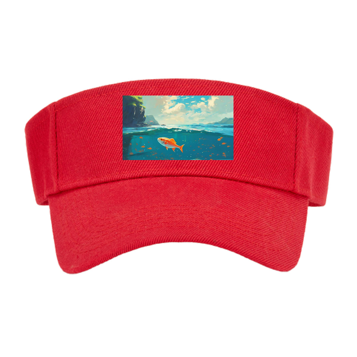 A vibrant orange fish swims gracefully in clear blue waters beneath a sunny sky. -  Visor cap
