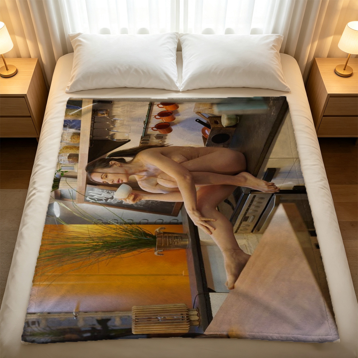Nude Emma Watson lying on a beach blanket at dusk - Blanket