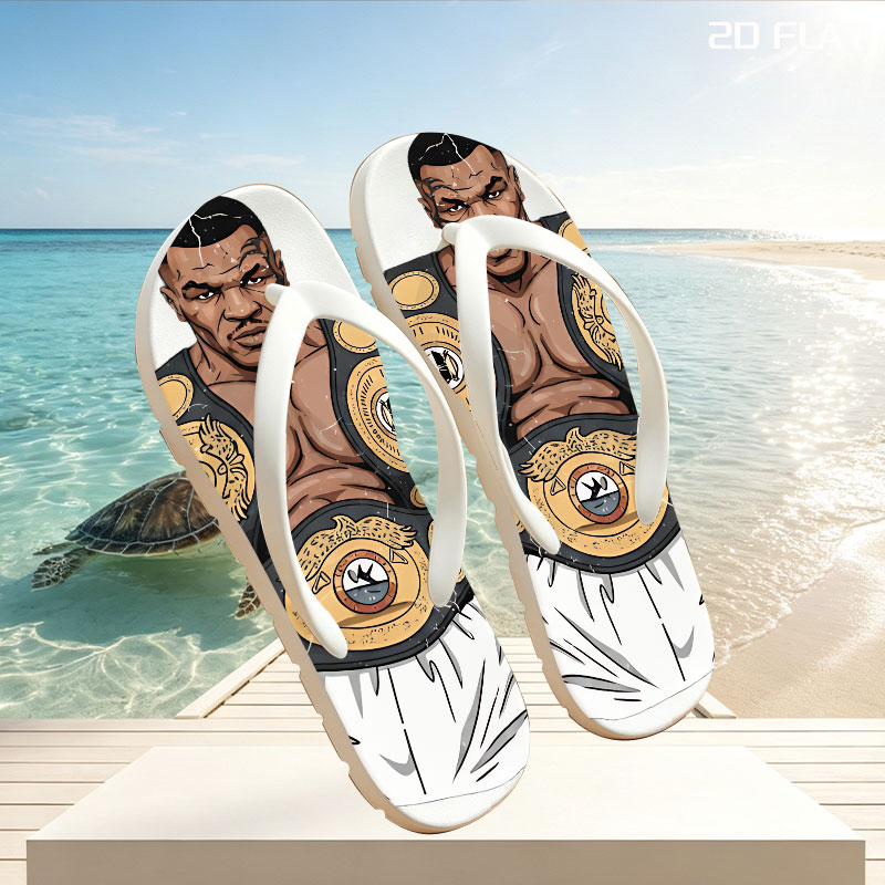Mike Tyson in Boxing Glory with Championship Belts -  flip-flops