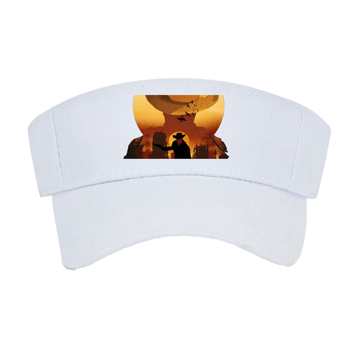 Cowboy Silhouette Against Sunset with Giant Hat and Birds in Sky -  Visor cap