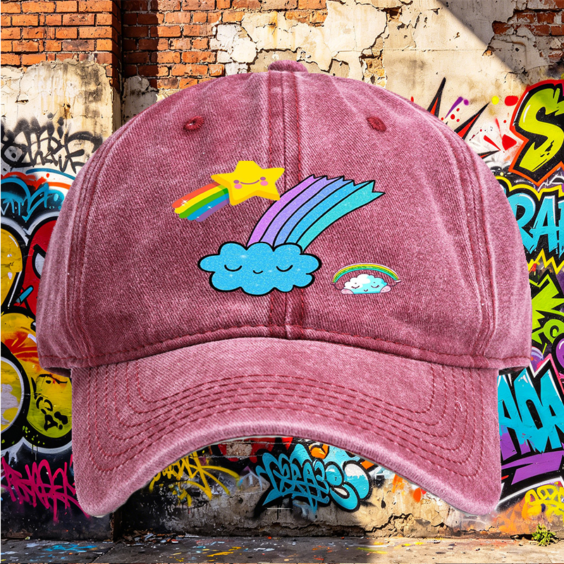 Unisex Classic Washed Cap with Rainbow Star Cloud Print | Casual Outdoor Hat for Youth and Adults | Perfect for Daily Wear, Travel, and Fun Activities