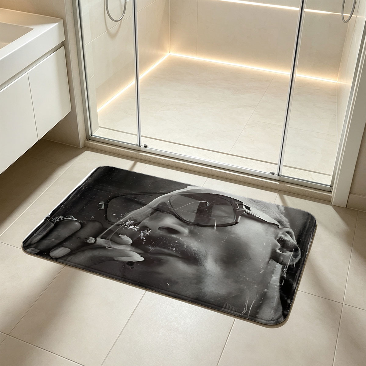 Snoop Dogg Smoking Cigarette in Sunglasses, Black and White Portrait - Flannel floor mat
