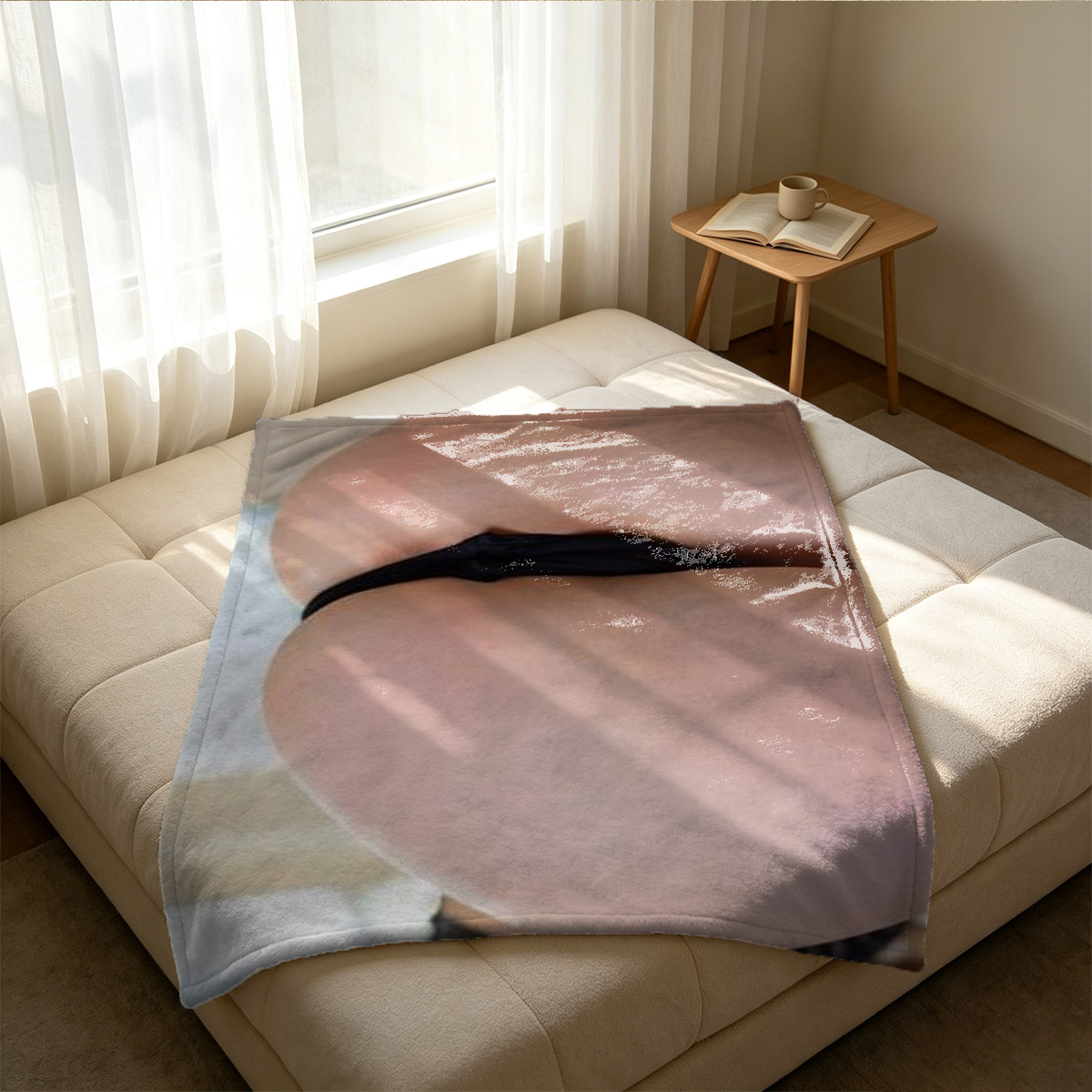 A young Asian woman with long brown hair in a pink sheer babydoll lingerie standing in a hotel room. - Blanket