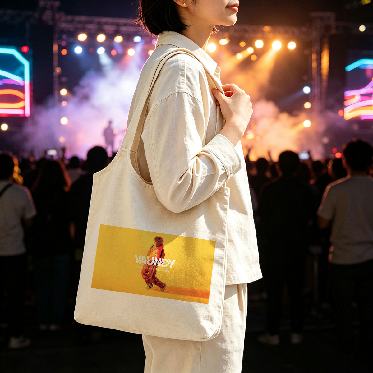 Vaundy in a Vibrant Yellow Studio Setting Wearing Orange Tracksuit and Sneakers - Canvas shoulder bags/